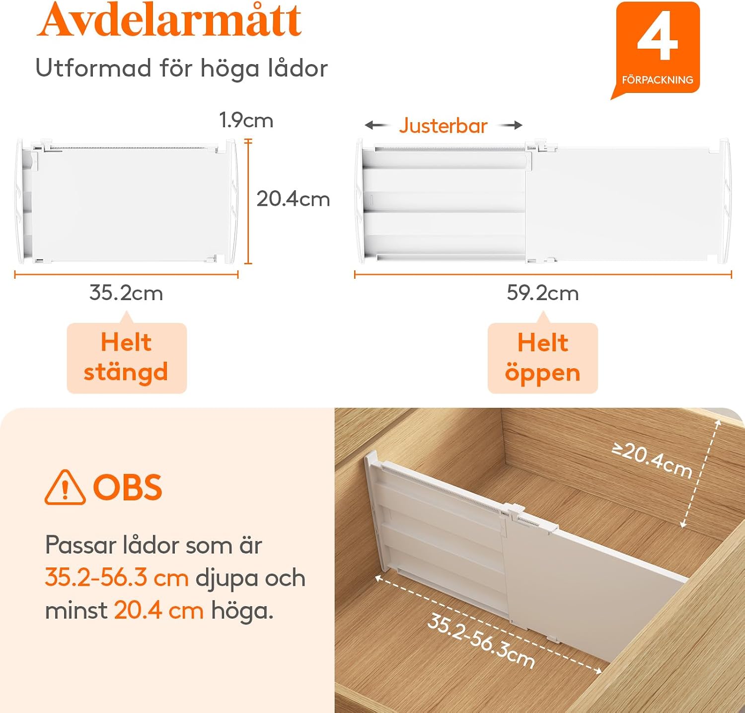 Detalle de Lifewit 24566 lådavdelare, 4-pack, justerbara och 20,4 cm höga