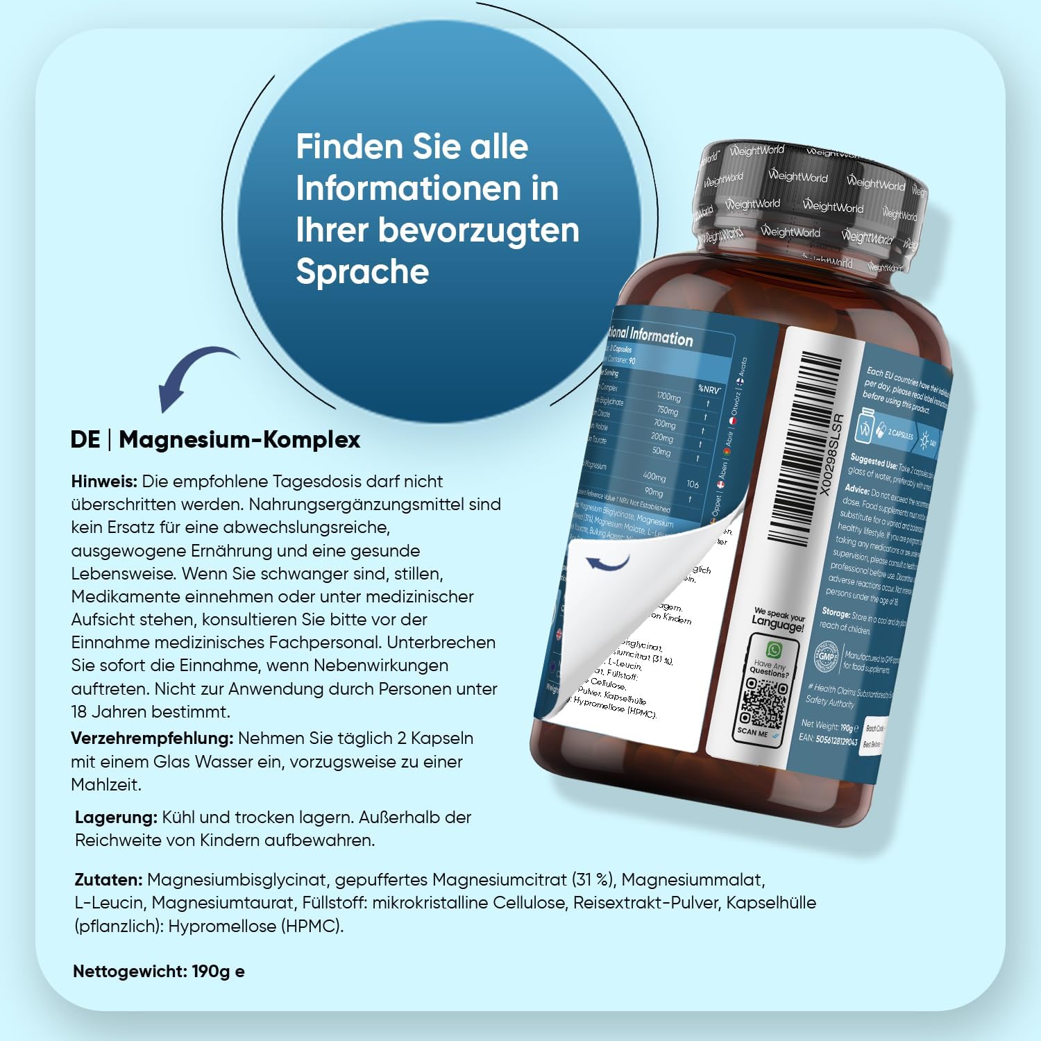 Detalle 2 de WeightWorld Magnesium Komplex 4 in 1 mit L-Leucin – 180 vegane Kapseln