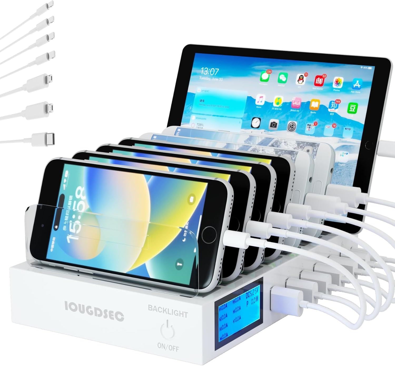 IOUGDSEC PD20W QC3.0 USB-laddningsstation med 7 portar och LCD-skärm