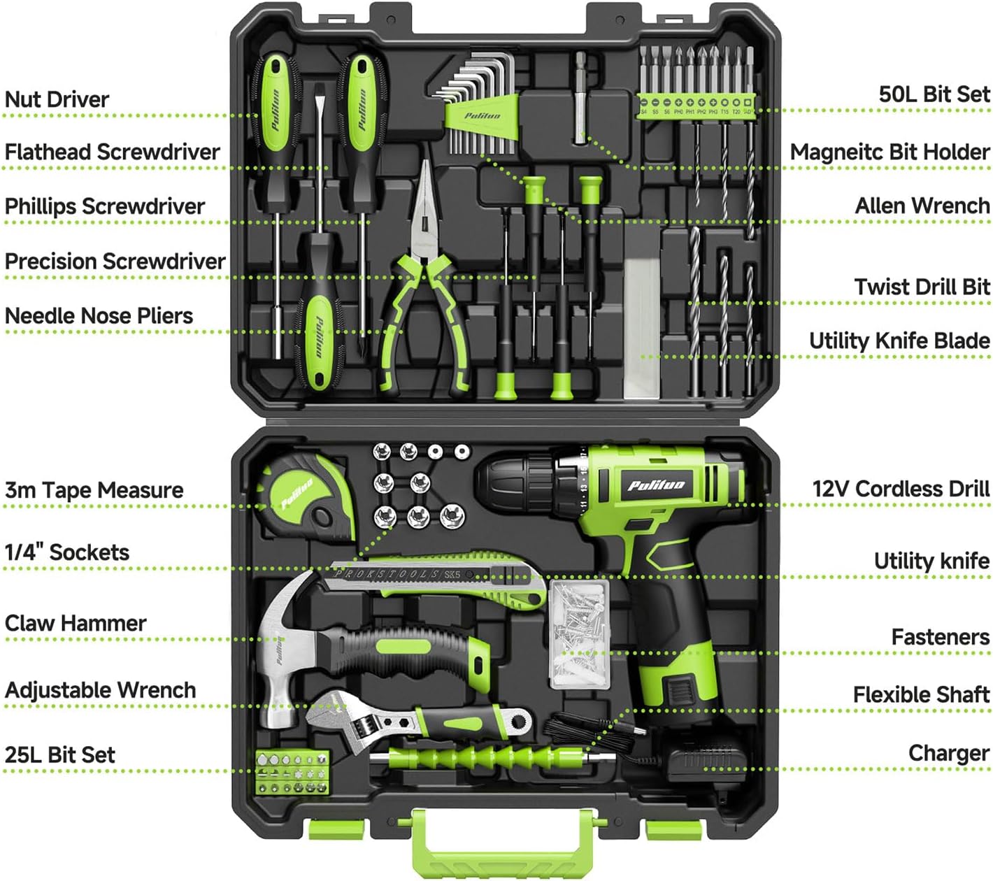 Detalle de PULITUO 7212Set-Green 149-Piece Tool Set with 12V Cordless Drill