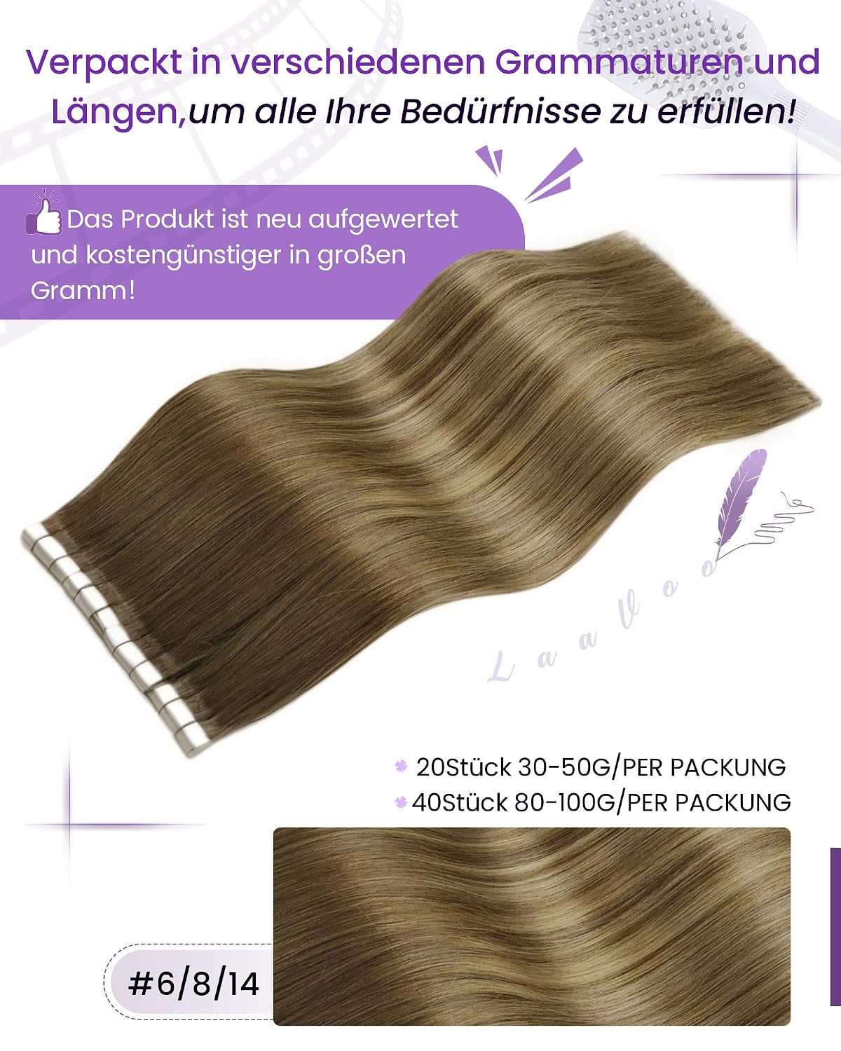 Detalle de LaaVoo Extensions Echthaar Tape in – Ombre Braun/Blond Balayage, Remy Echthaar, 20 Strähnen (50 g)