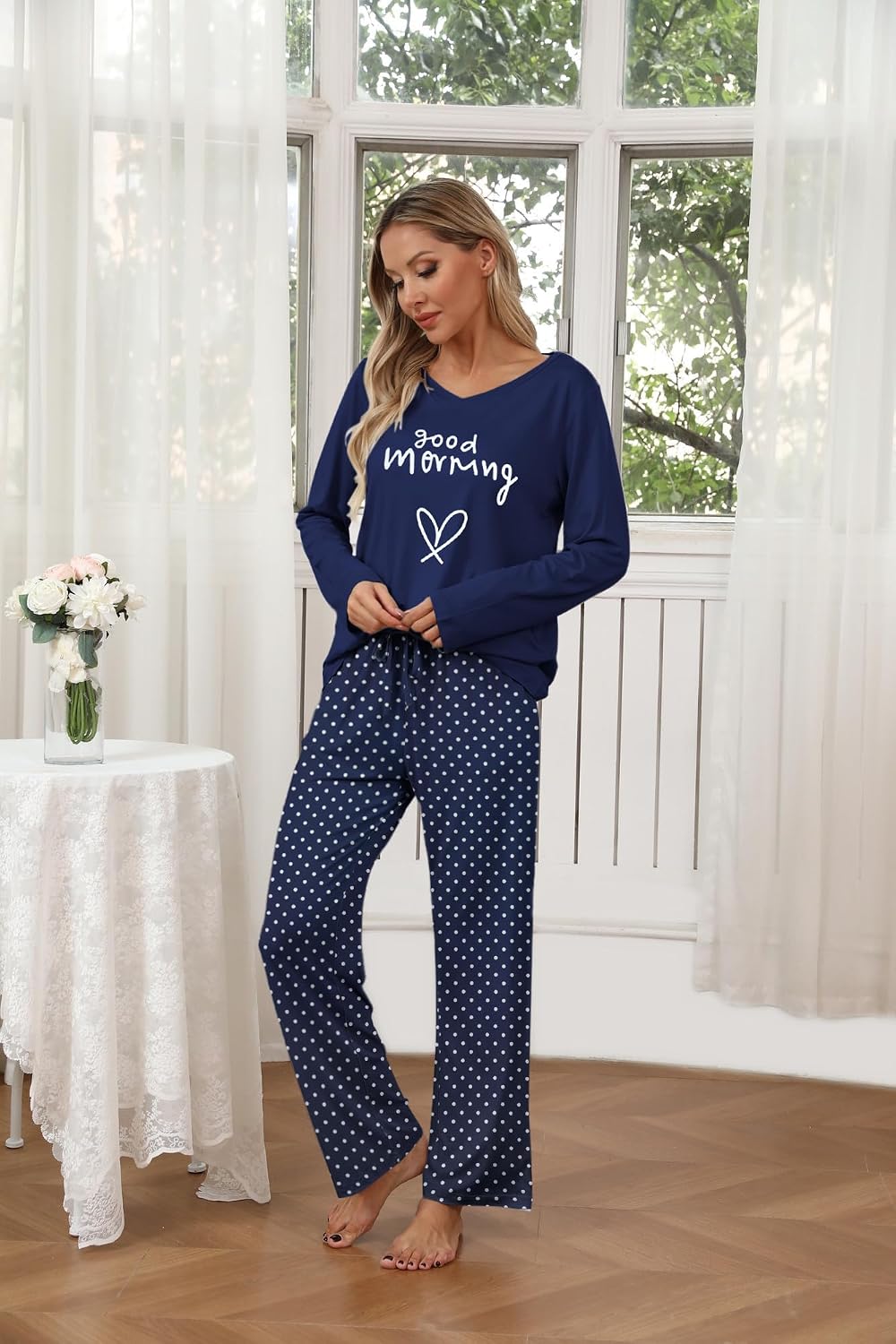 Detalle de Ekouaer Women's 2-Pack Long-Sleeve Pajama Sets with V-Neck Tops and Pockets