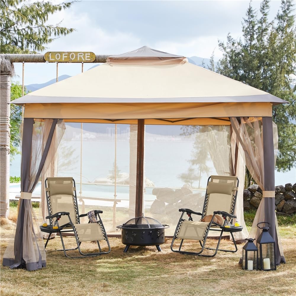 Thumbnail 1 de Yaheetech Gazebo da Giardino 330x330x271-291 cm: struttura robusta, doppio tetto e pareti in rete, colore kaki