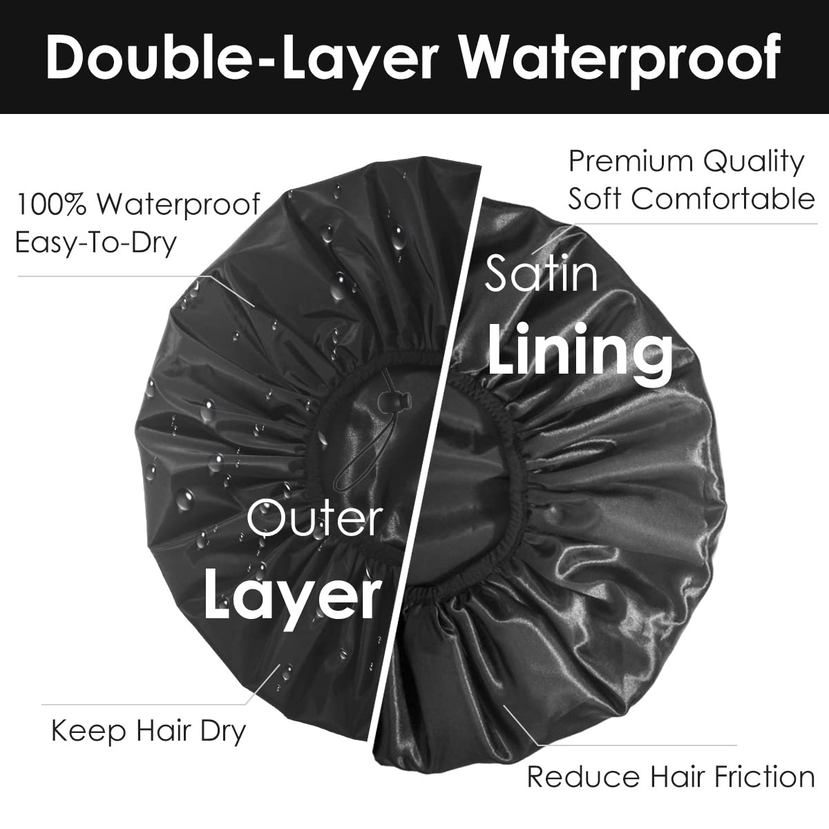 Detalle de Auban Extra Large Waterproof Shower Cap (XL, Satin Lined, Adjustable) for Thick Long Hair, Braids & Dreadlocks