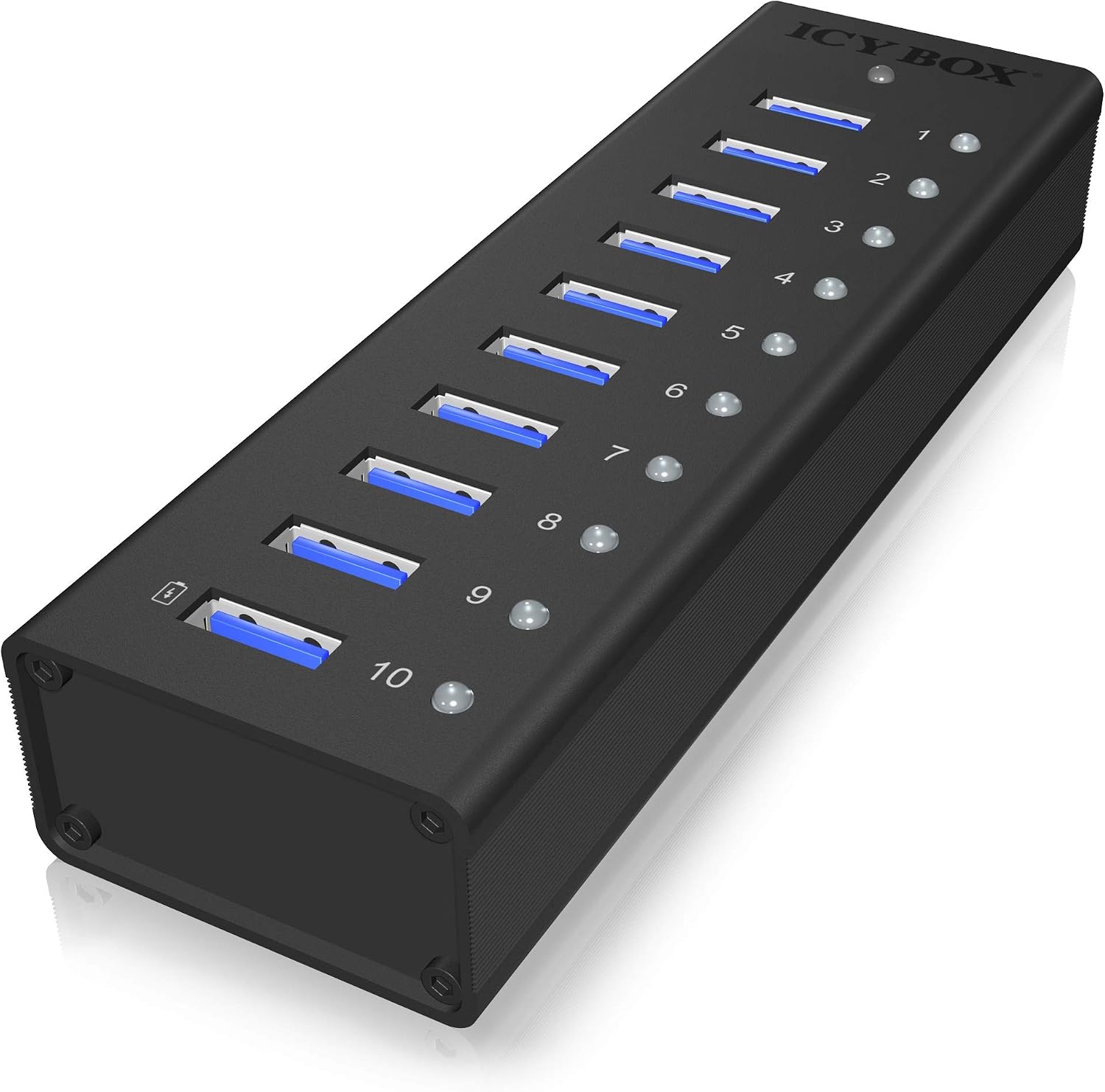Detalle de ICY BOX IB-AC6110 10-fach USB-3.0-Hub mit Netzteil (12V/4A) und Ladeport, Voll-Aluminium in Schwarz
