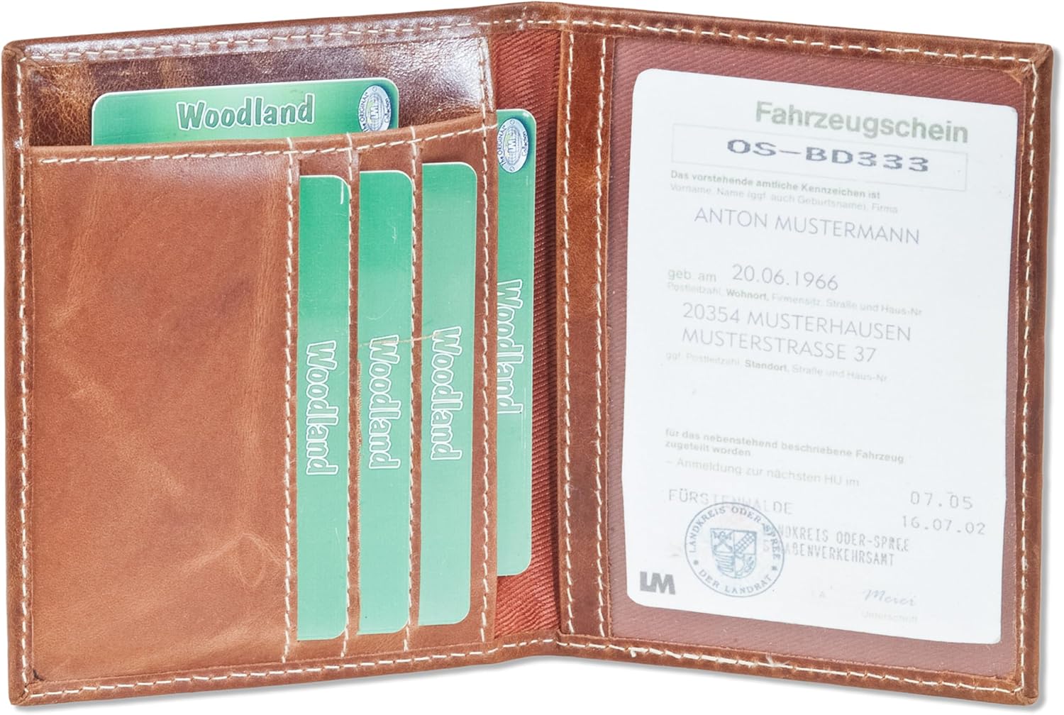 Detalle de Woodland Lederetui für den KFZ-Schein, Kreditkarten und Dokumente mit RFID-Blocker – Cognac/Vintage