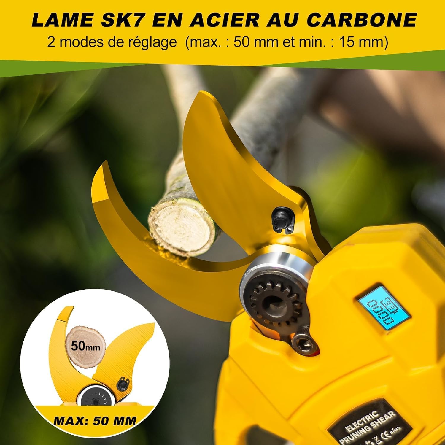 Detalle 2 de CHGBOSTH elektrische snoeischaar met 1000 W motor, snede tot 50 mm en 2 accu’s