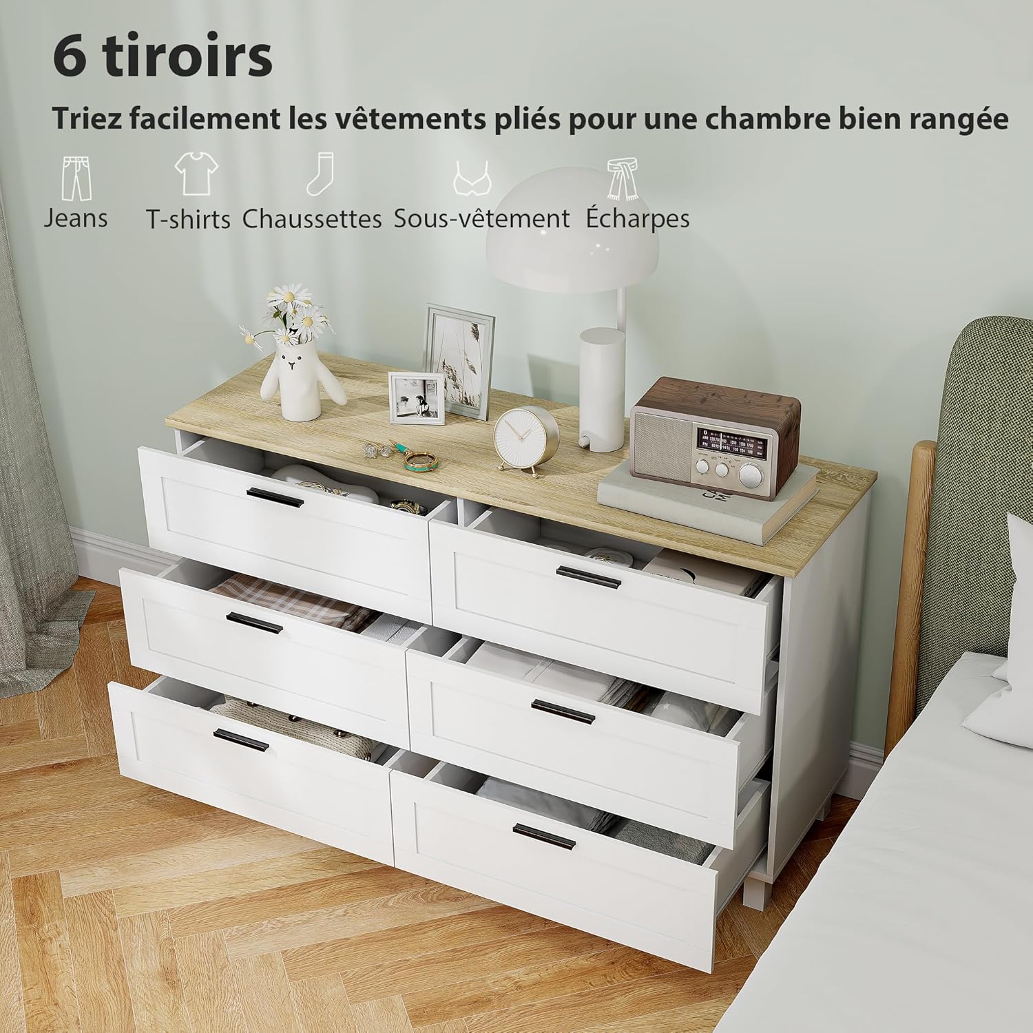 Detalle de HOMCOM Commode à 6 tiroirs en bois naturel et blanc – rangement élégant 120 x 38 x 71 cm