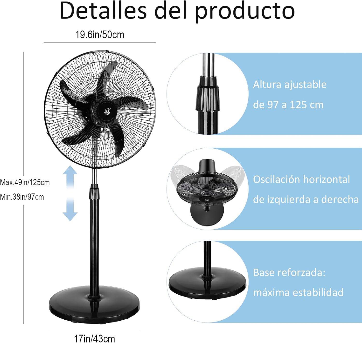 Detalle 2 de Lirixia Ventilador de Pie Potente 75W, 18" con Altura Regulable y Oscilación 120°