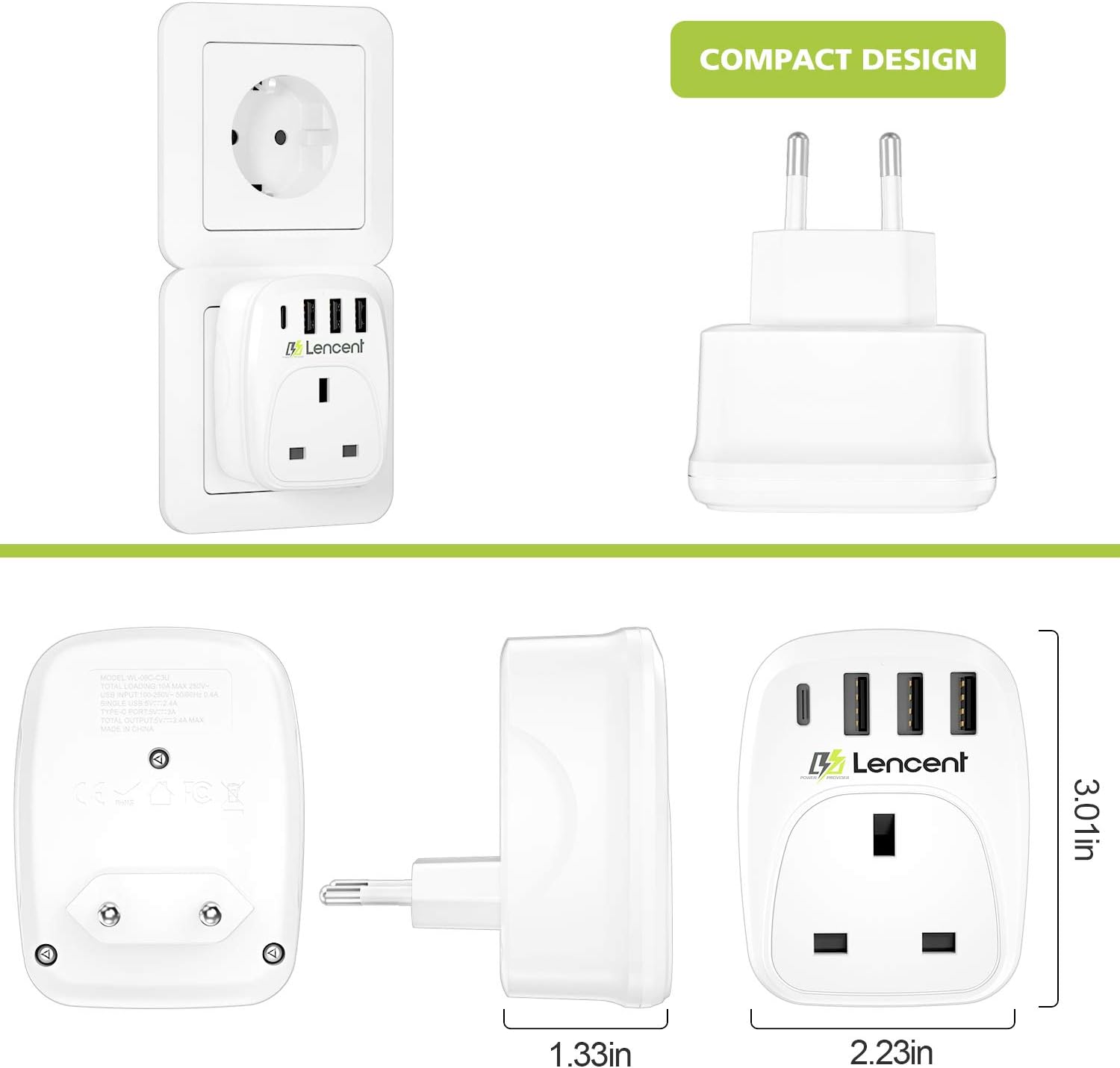 Thumbnail 5 de LENCENT UK to EU Travel Adapter with USB-C 2-pack 🔌