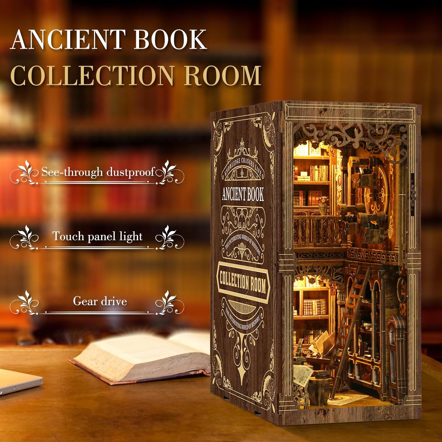 Detalle de Book Nook Kit (Classic Edition): DIY Miniature Wooden Puzzle with LED Bookend