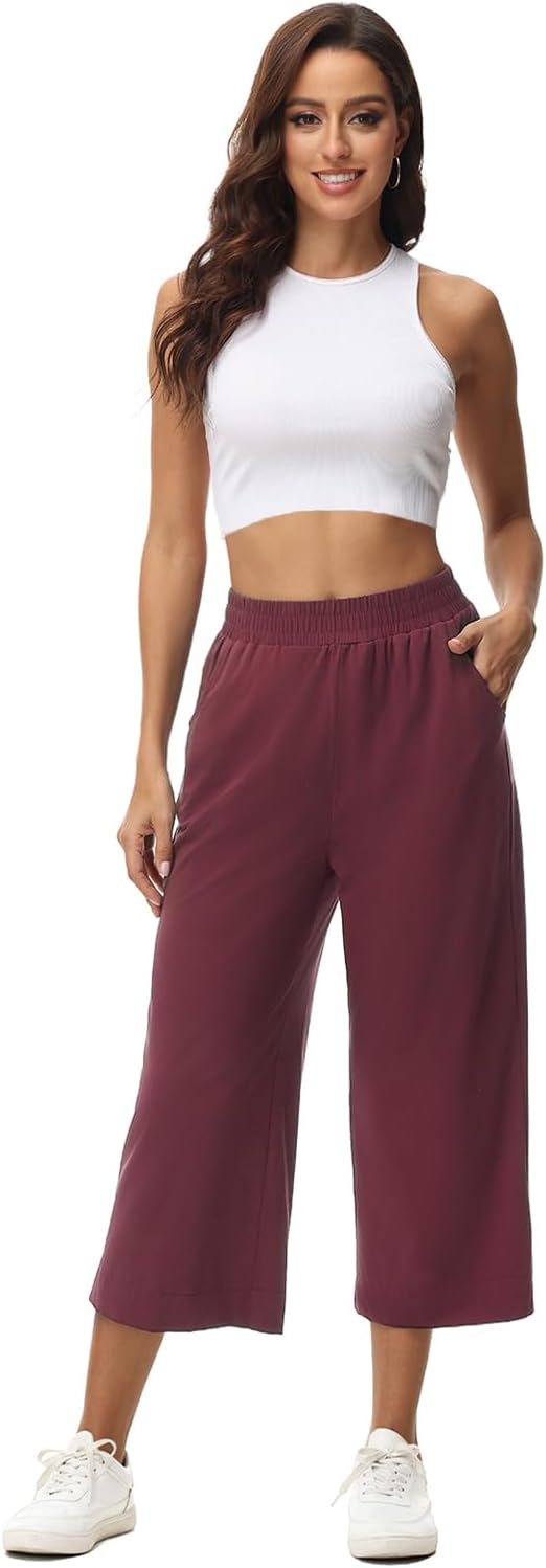 Detalle de HMIYA Damen 3/4 Baumwolle Culotte Hose – Sommer, Weite Beine, Taschen, elastischer Bund