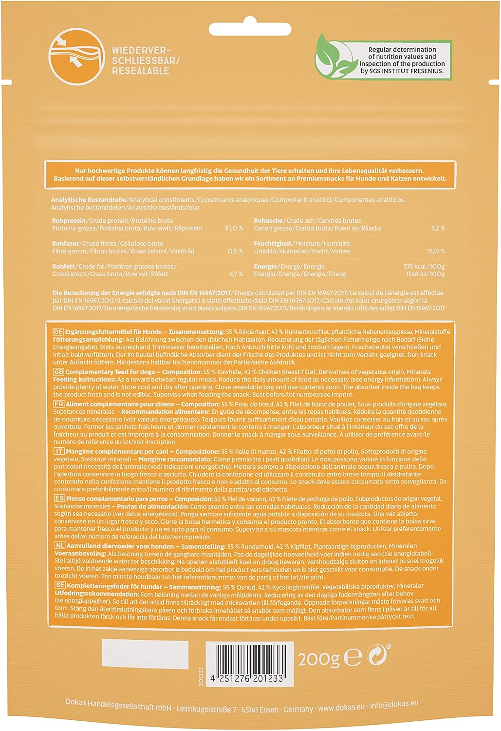 Detalle 1 de DOKAS Kaustange – Getreidefreier Premium-Kausnack für Hunde (9 x 200 g)