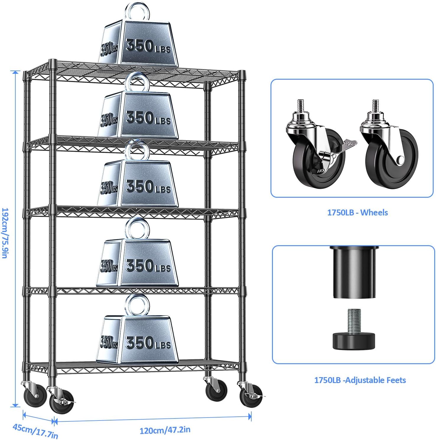 Detalle de IZEUK 5-Tier Adjustable Metal Shelving Unit, 47.2-Inch Wide with Wheels