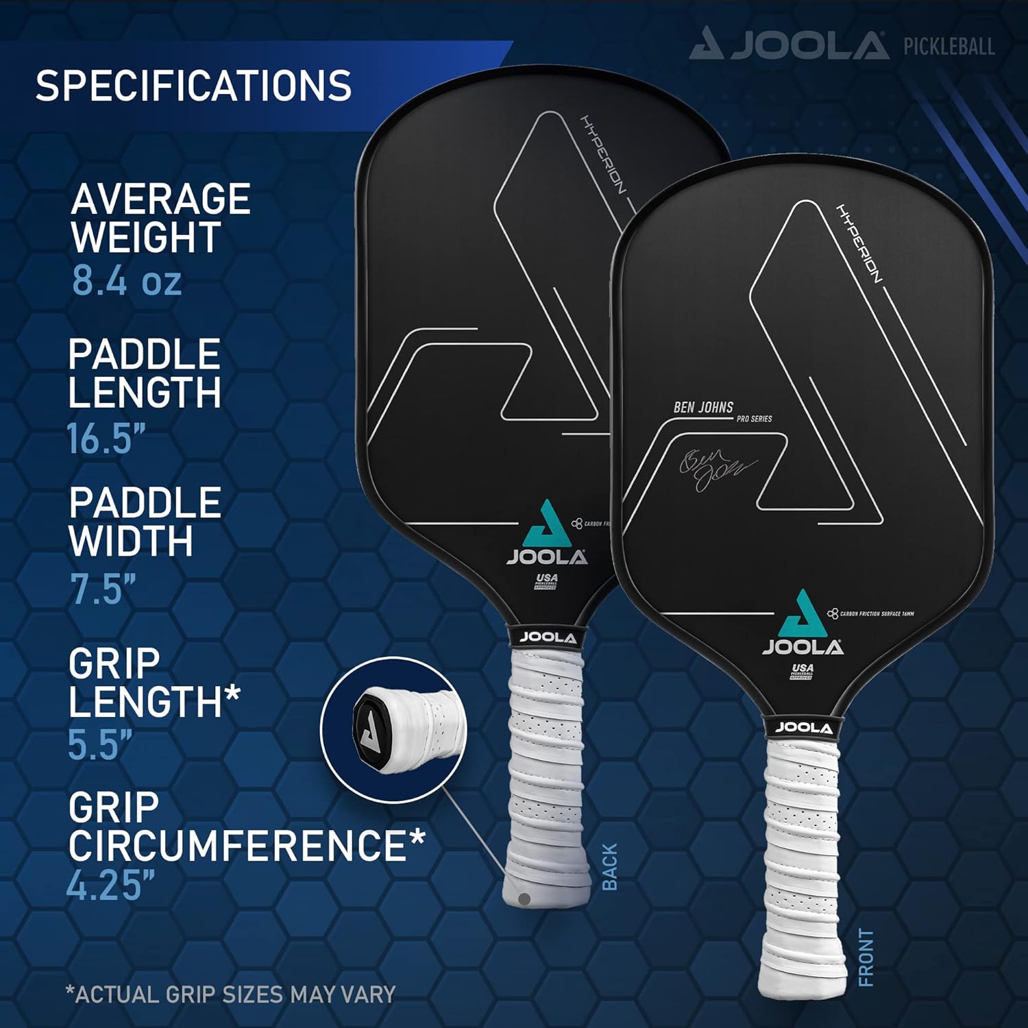 Detalle de JOOLA Ben Johns Hyperion CFS Pickleball Paddle — Carbon Surface, High Spin, Elongated Handle