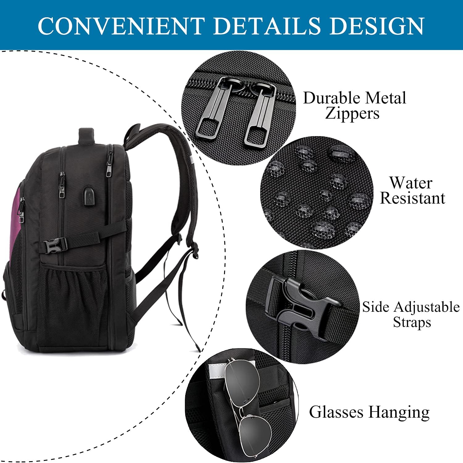 Thumbnail 4 de Travel Laptop Backpack with USB Charging Port for 17-Inch Laptops – Anti-Theft, Water-Resistant Daypack in Purple