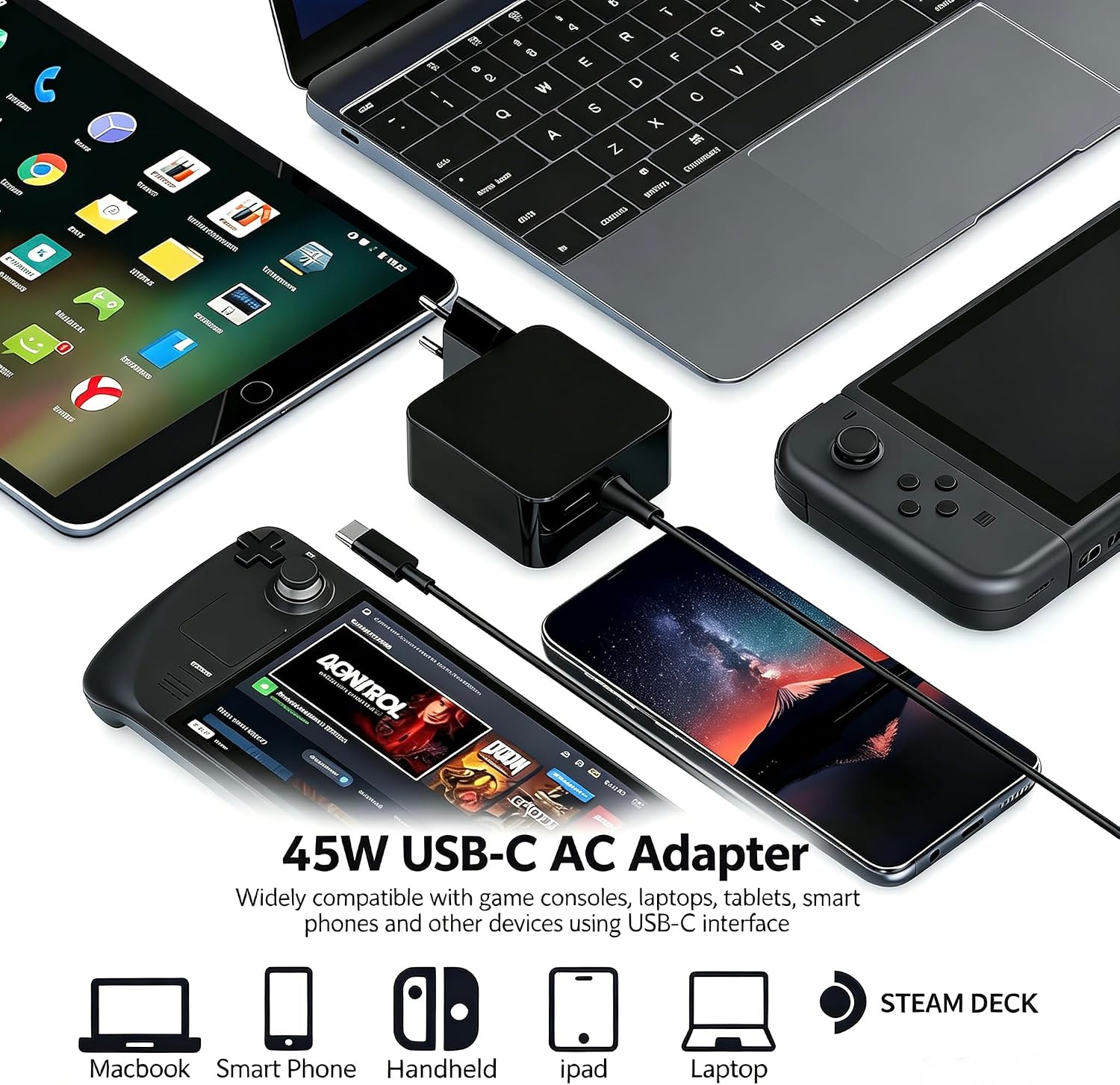 Detalle de 45W USB‑C Ladegerät Netzteil für Steam Deck und Switch – 1,8 m Kabel, Schnellladen, TV Modus