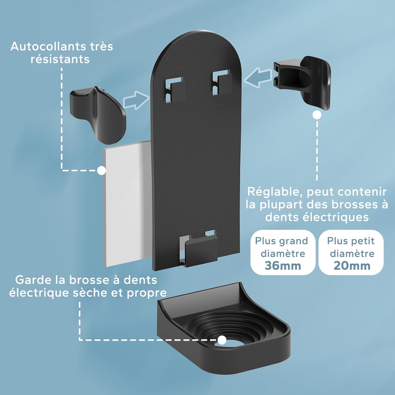 Thumbnail 1 de Support mural pour brosse à dents électrique HOMMAND (lot de 2) avec adhésif 3M, réglable, noir