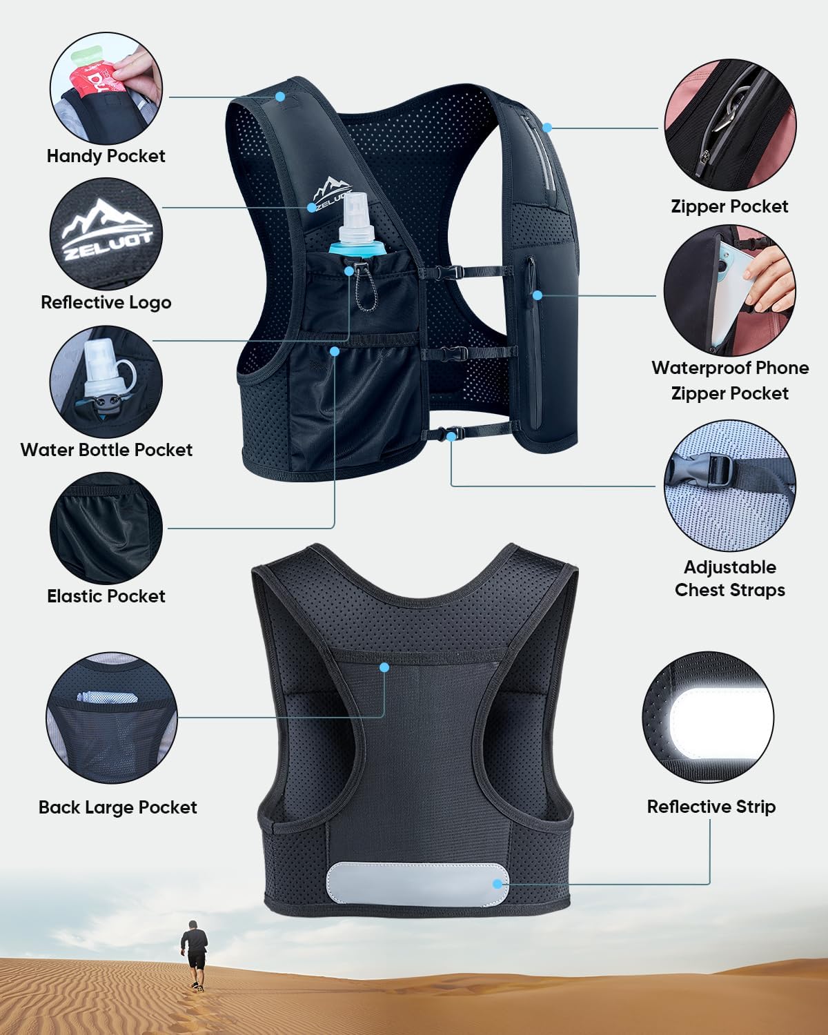 Thumbnail 6 de Zelvot Running Hydration Vest with 500 mL Soft Flask, 6 Pockets and Reflective Details