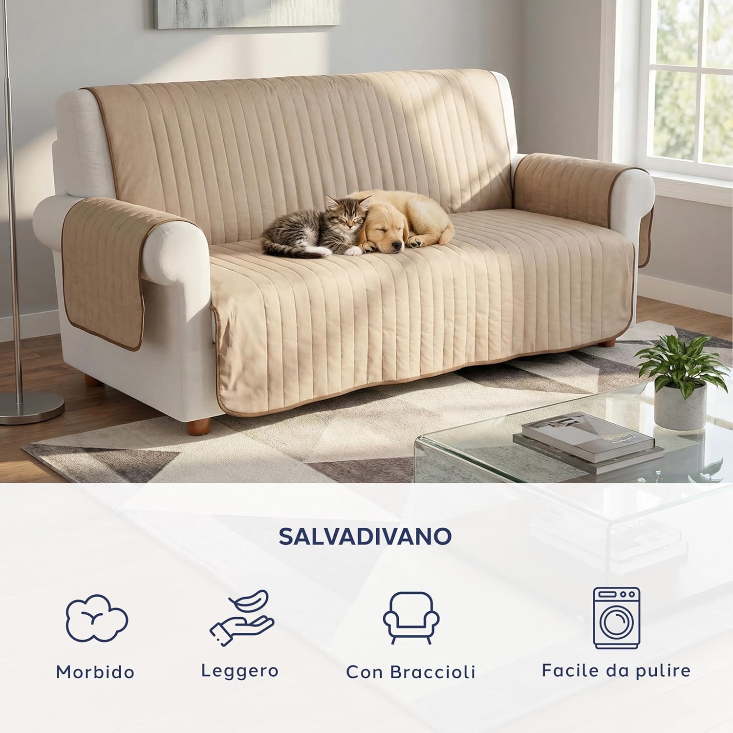 Thumbnail 1 de Caleffi Copridivano 3 Posti con Braccioli in Microfibra Trapuntata – Telo Imbottito Anallergico 180x210 cm