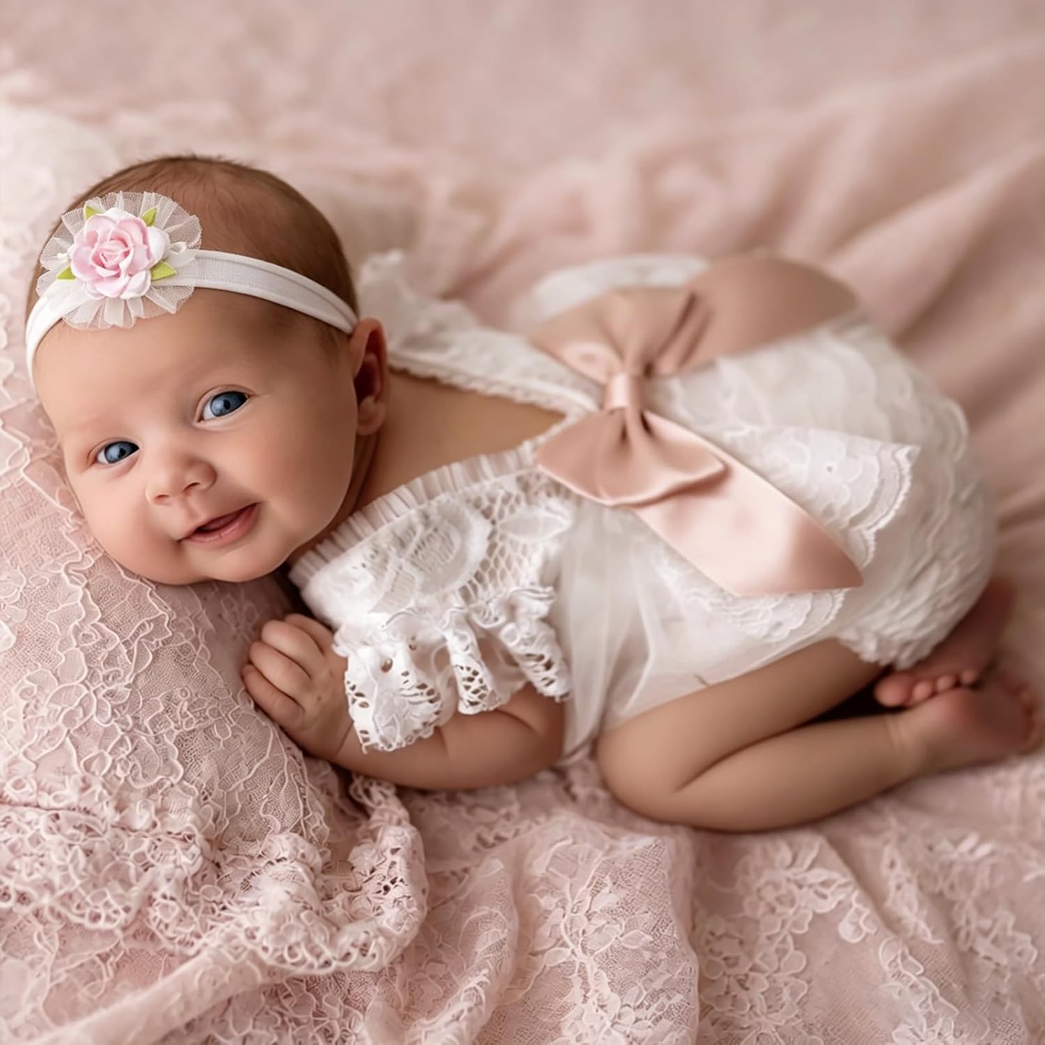 Thumbnail 6 de ForBaysy Newborn Lace Photography Romper with 3D Flower Headband