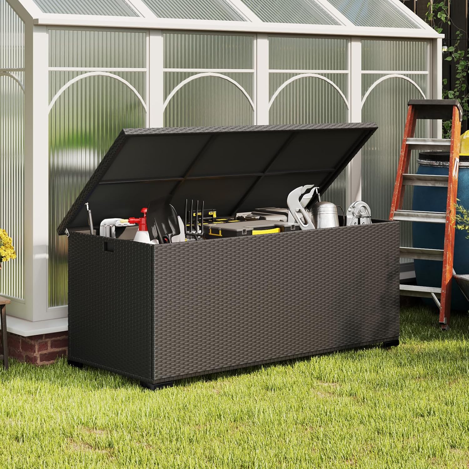 Detalle de Amopatio 650L Gartenbox aus Polyrattan mit Gasdruckfedern – wasserdicht & wetterfest, Auflagenbox für Balkon und Garten