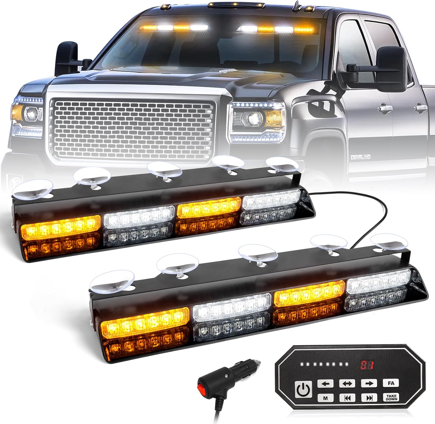 HLauto 604N Emergency Dash Strobe Lights: 2x16.8 inch Amber/White Safety Light Bar