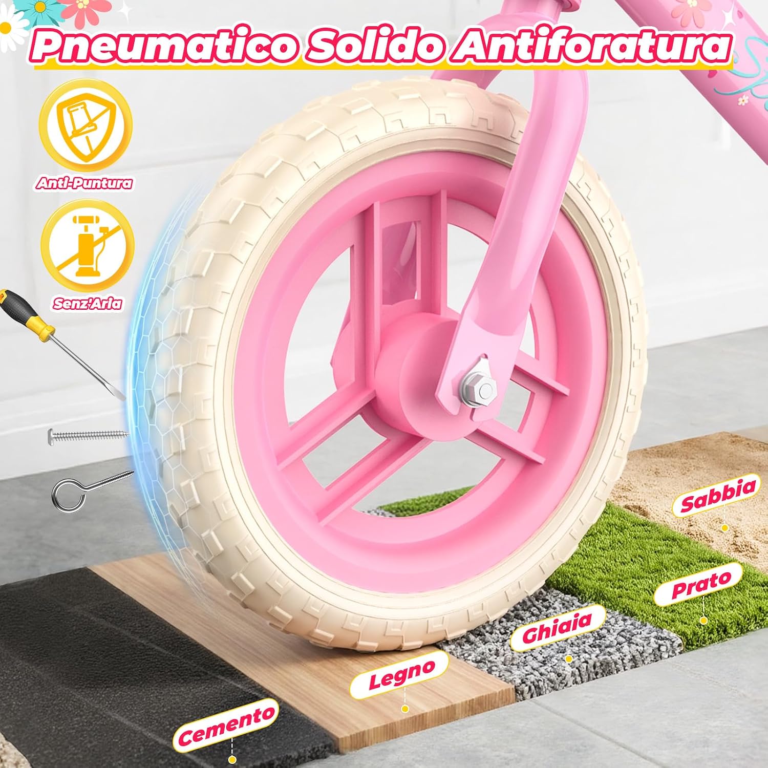 Thumbnail 4 de HappyGoLucky Bici Senza Pedali 2-5 Anni: design floreale, telaio in acciaio al carbonio e ruote luminose con cestino intrecciato