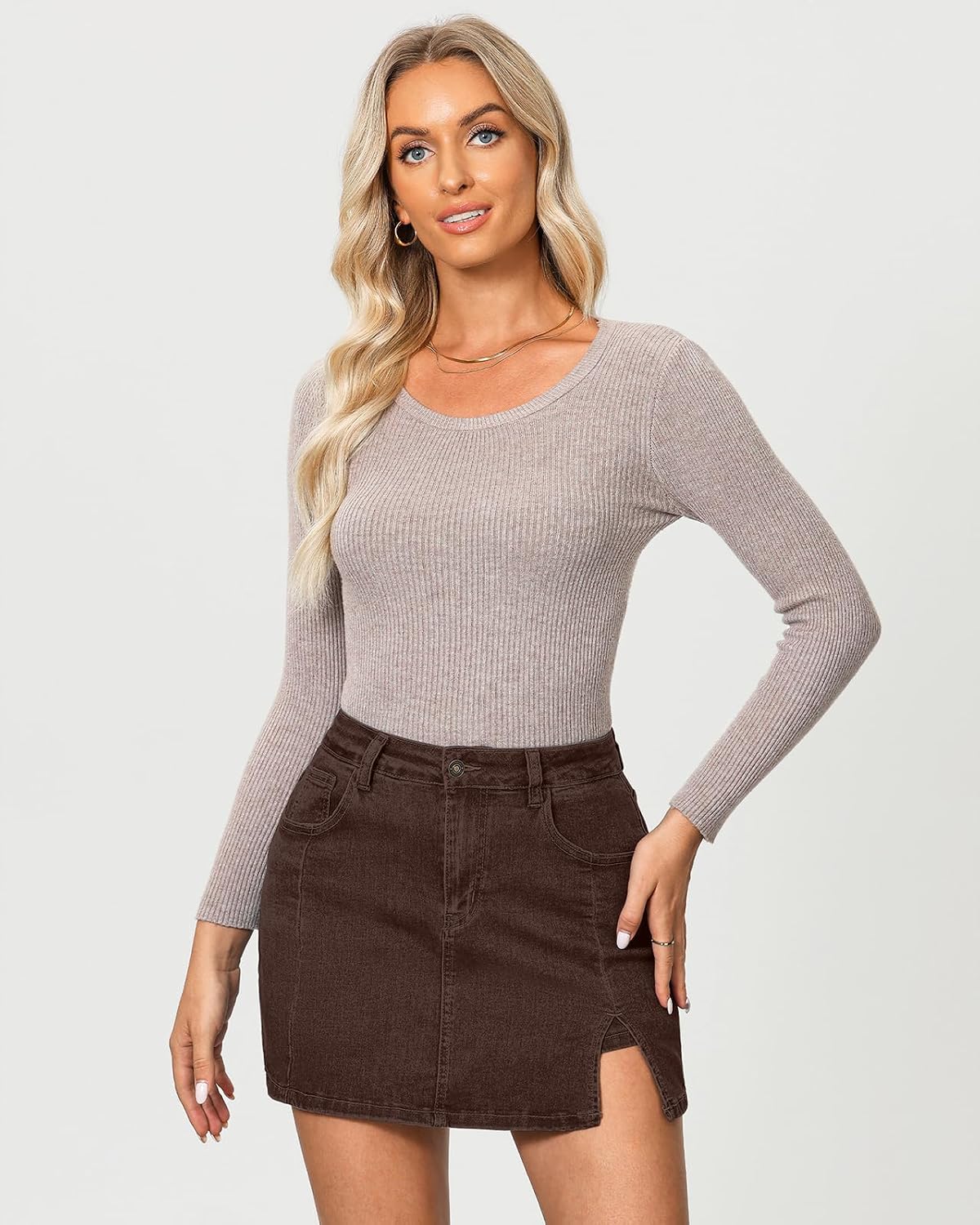 Thumbnail 6 de Vetinee Jean Skorts for Women: High-Waisted Denim Skort with Slit, Pockets, and Stretchy Comfort
