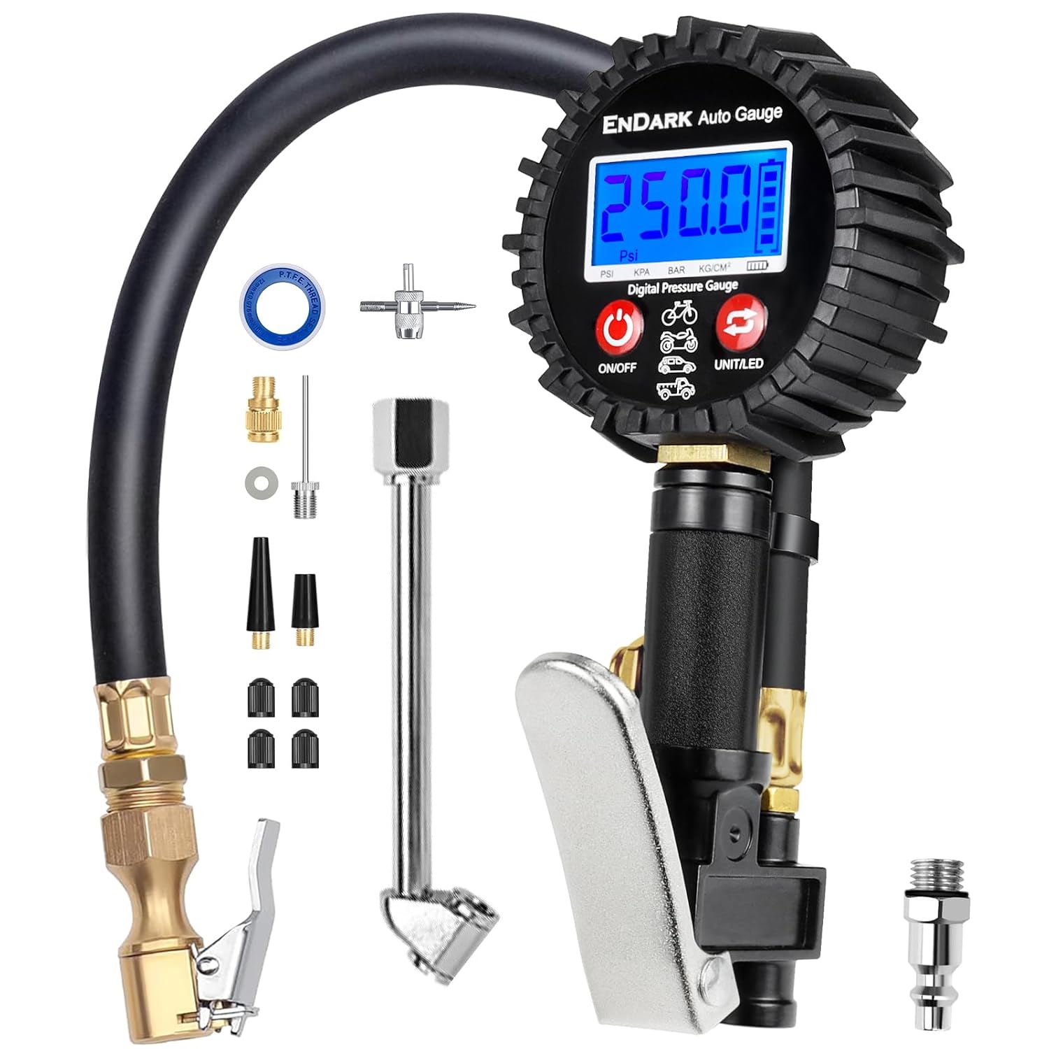 Thumbnail 6 de ENDARK Digital Tire Pressure Gauge with Inflator (250 PSI) — air compressor attachment with 360° chuck, extended hose & carry case