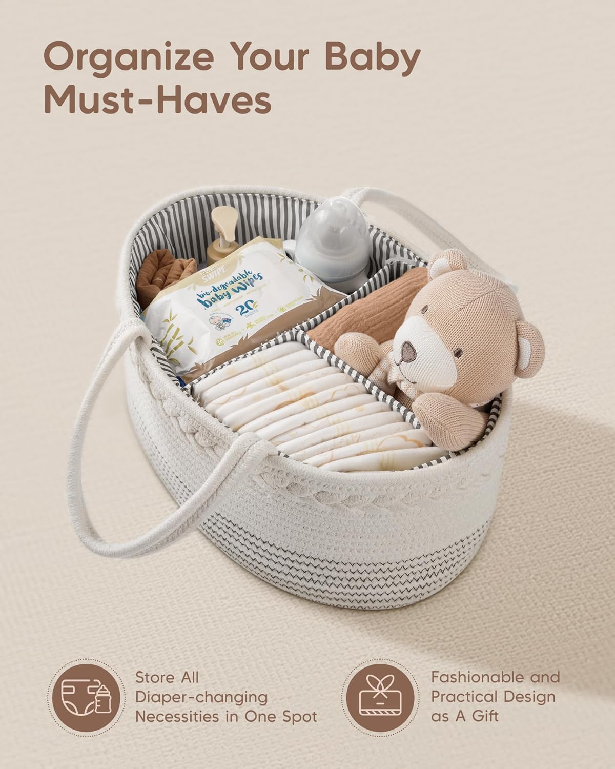 Detalle de Maliton Nappy Caddy, Cotton Rope with Removable Dividers – White & Wavy, 36×22×18 cm