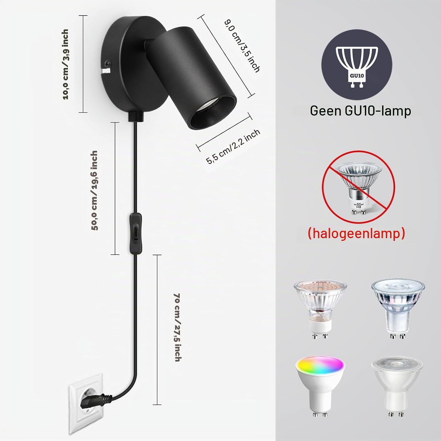 Thumbnail 5 de TaFiCo 2023/2563040 wandlamp met stekker, kabel en richtbare spot