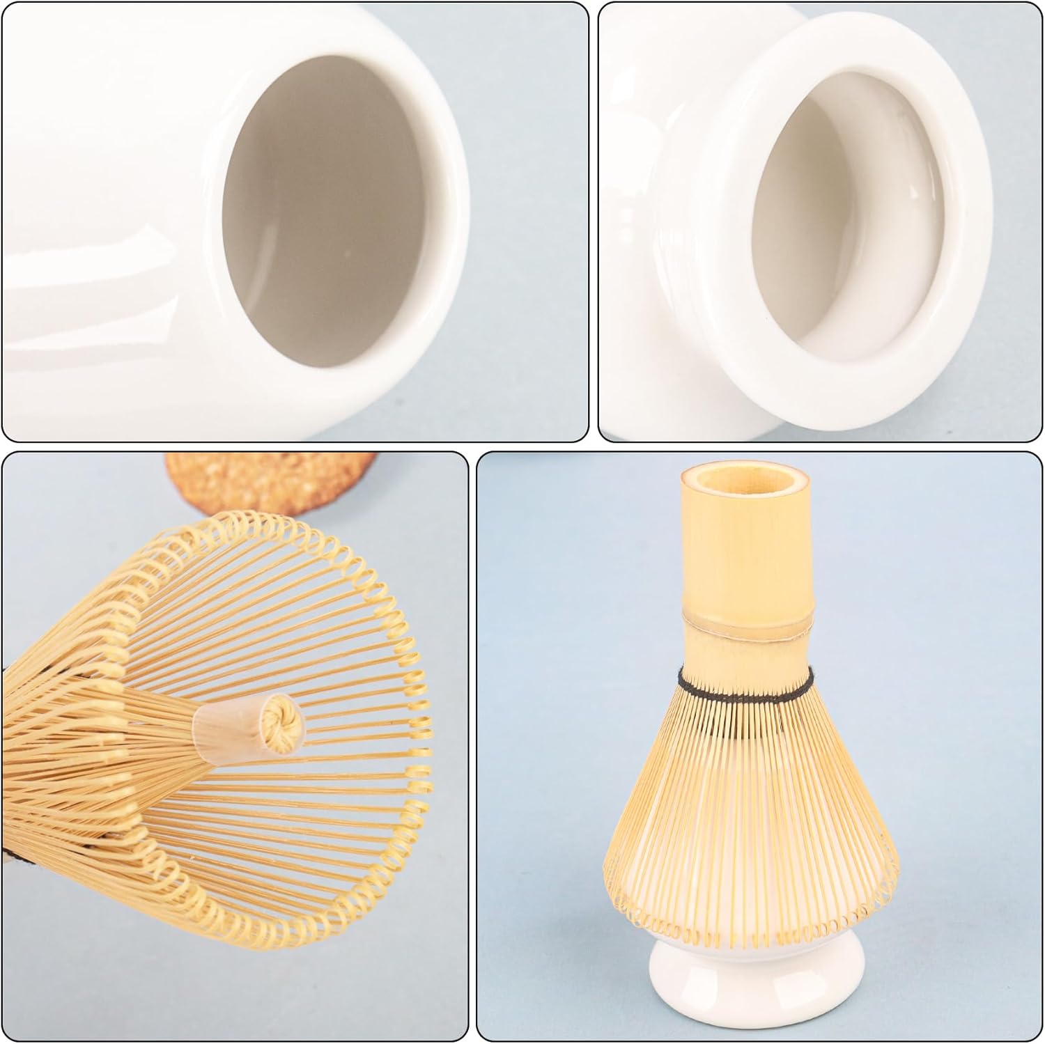 Detalle de Nideen Matcha Whisk Set of 6 with Ceramic Holder (White) – whisk, scoop, spoon & sifter kit