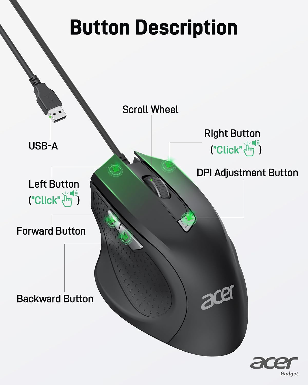 Detalle de Acer kabelgebundene PC-Maus mit 3200 DPI, 4 DPI-Stufen und 6 Tasten – Plug & Play per USB-Kabel (1,5 m)