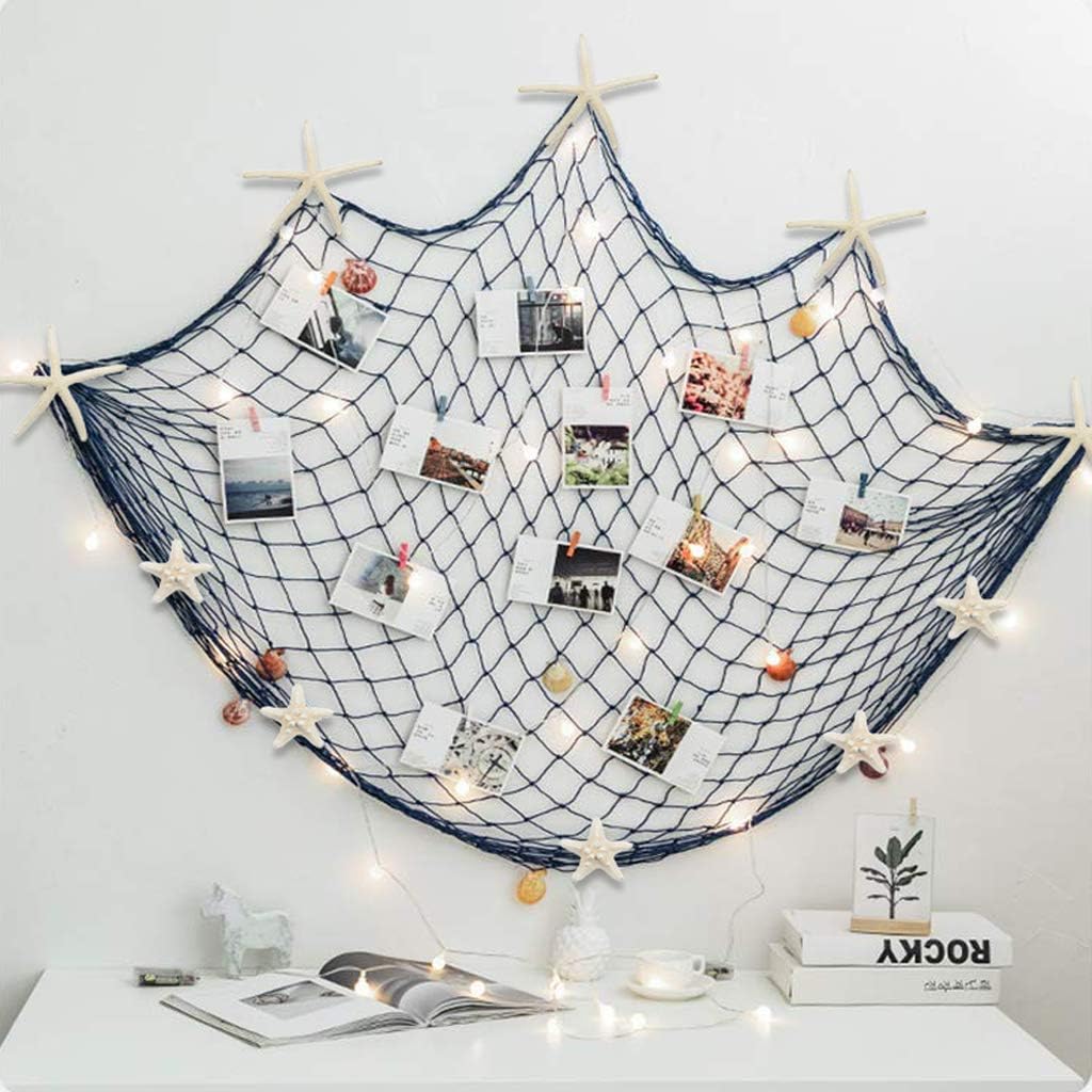 Detalle de Nature Fish Net Wanddekoration mit Muscheln und 10 Seesternen – Mediterraner Stil, 150 cm × 200 cm