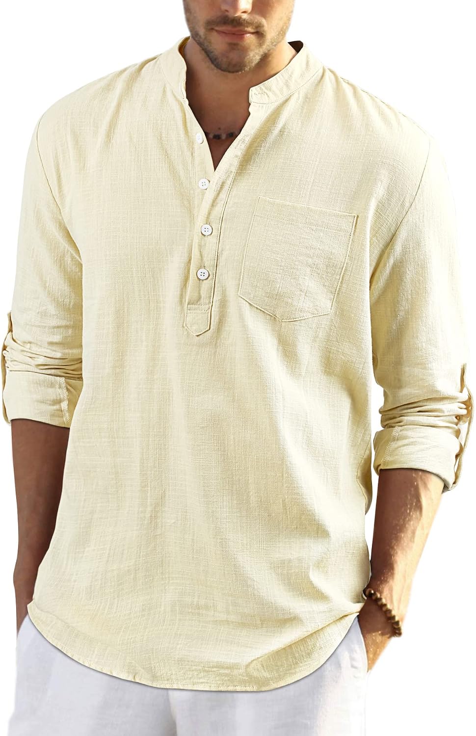 Thumbnail 6 de Enlision Mens Casual Cotton Linen Shirt Long Sleeve Button Down Summer Lightweight Henley Shirt Tops