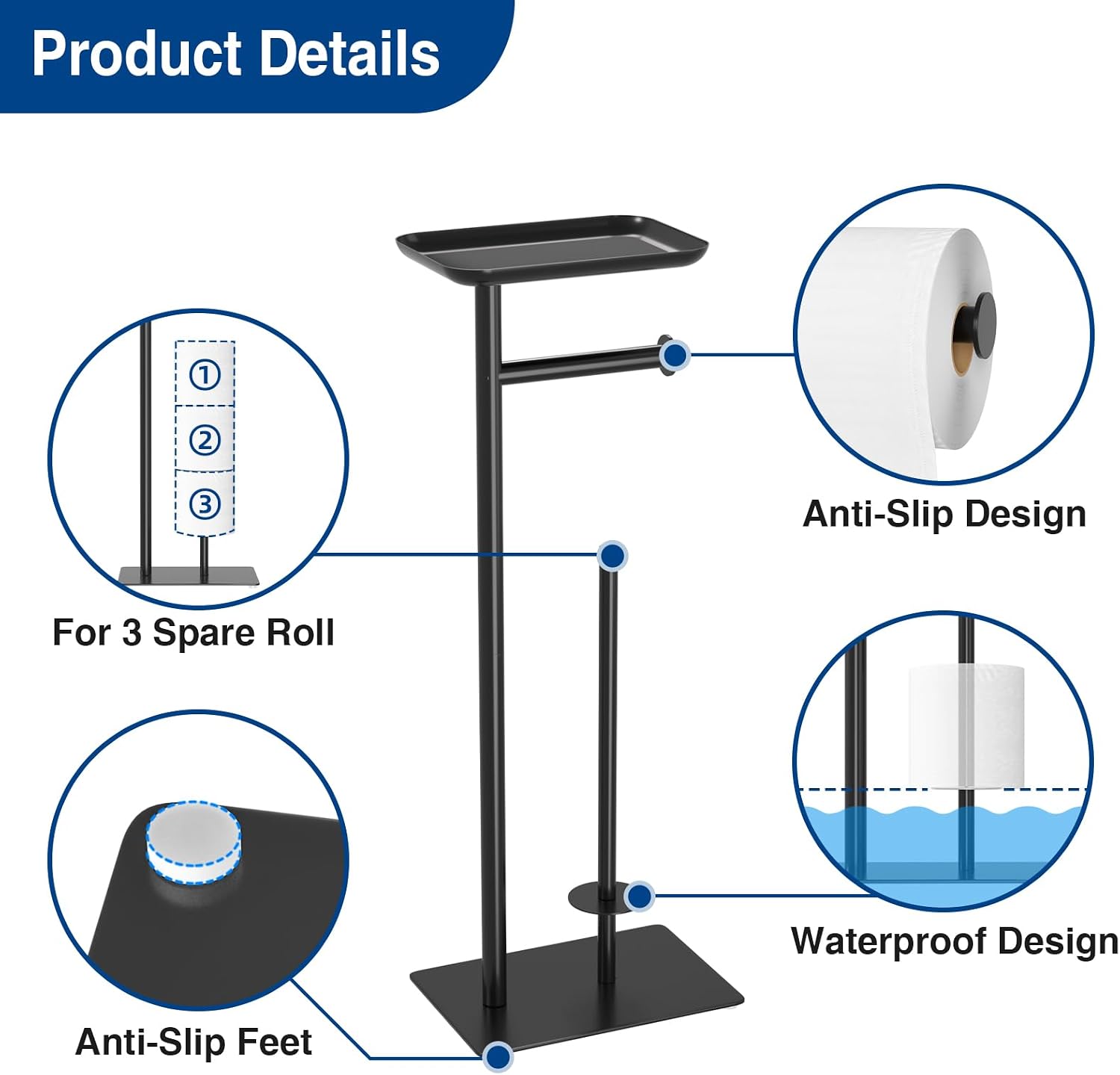 Detalle de Black Toilet Paper Holder Stand with Top Storage Shelf — Free Standing Floor Dispenser for 4 Reserve Rolls