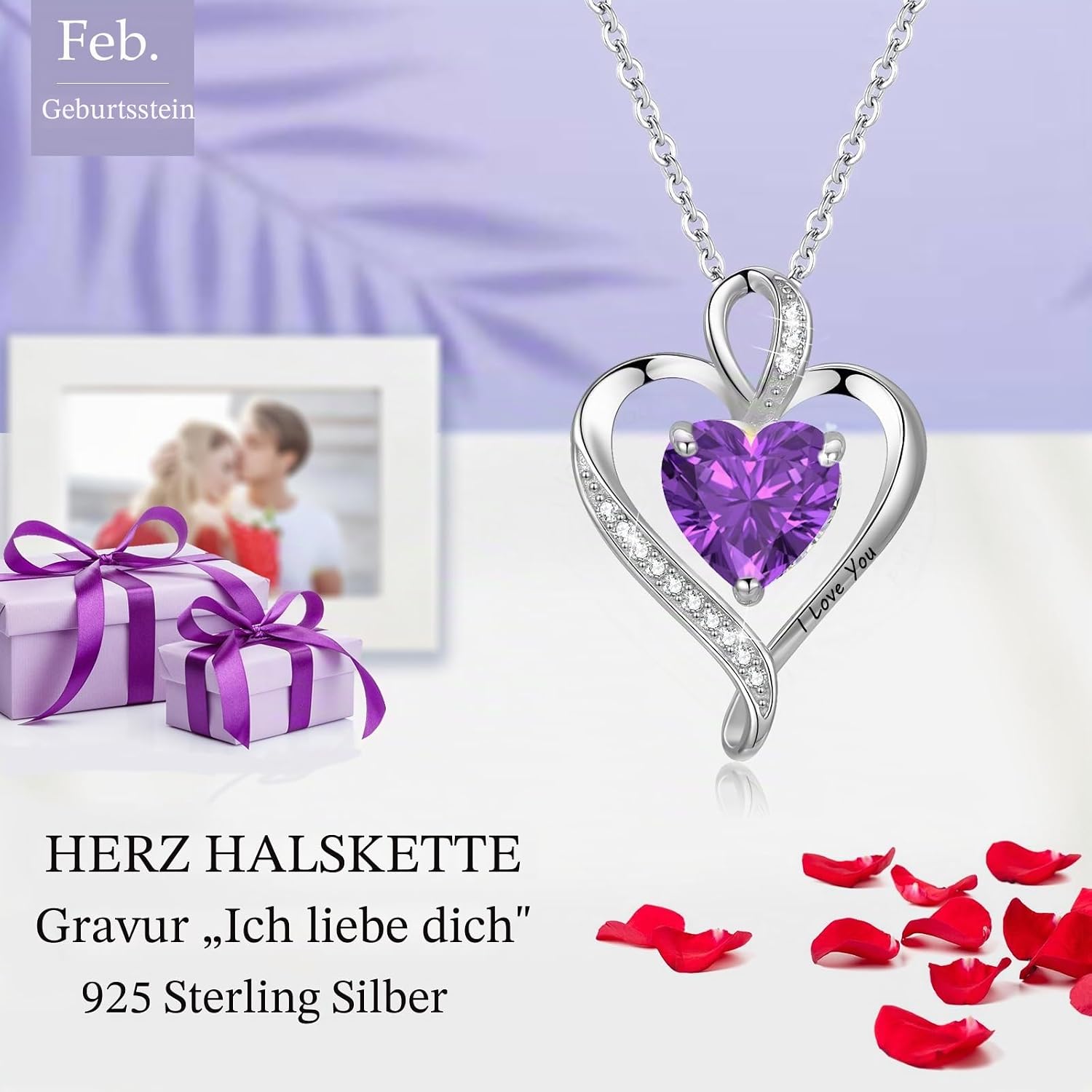 Detalle 2 de LAVUMO Herz Kette für Damen aus 925 Sterlingsilber mit „I love you“-Gravur (Silber/Messing)
