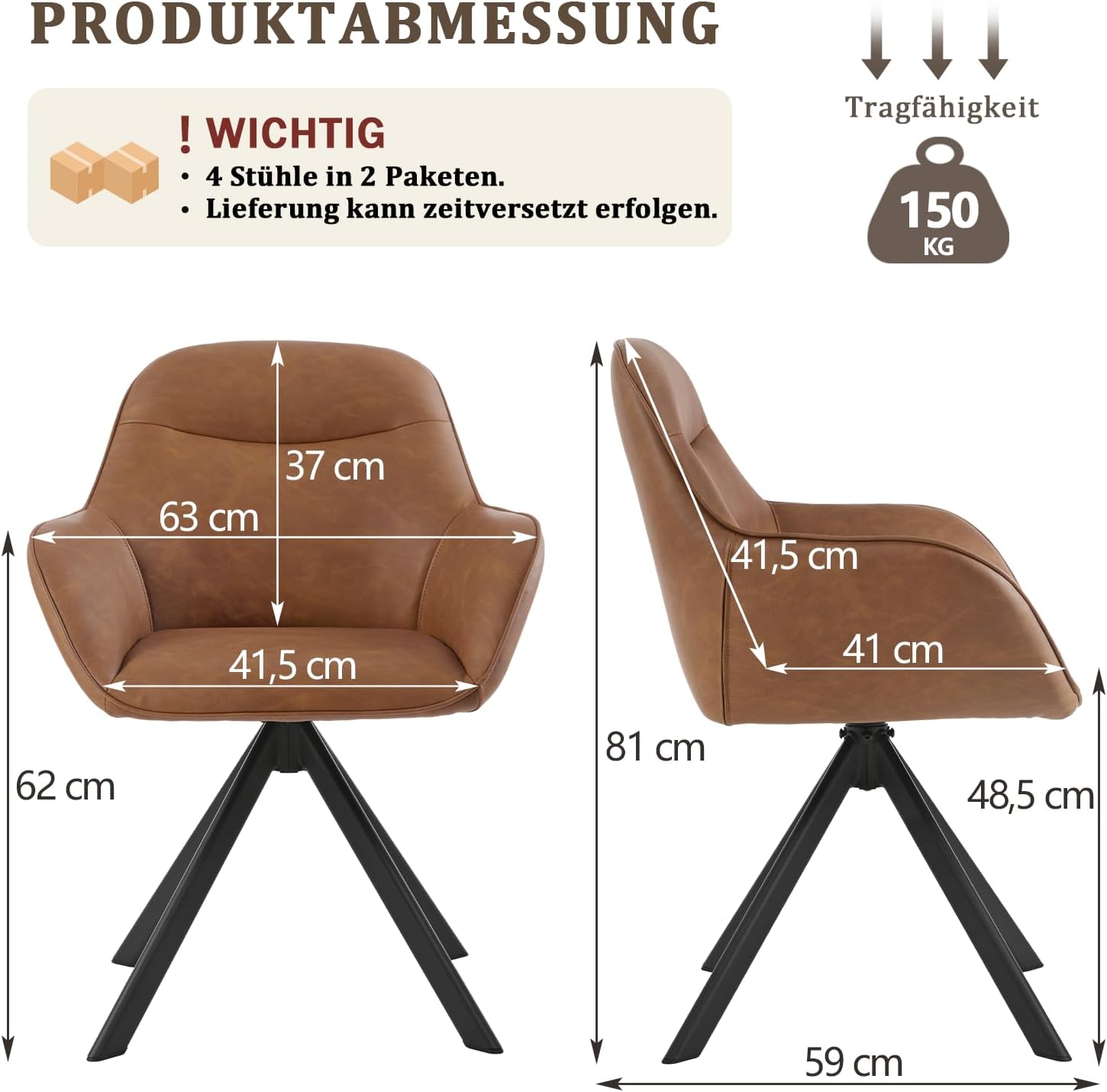Thumbnail 2 de Goeurvant Drehstuhl Esszimmer – 4er-Set, Kunstleder, 360° Drehung, Metallbeine, braun