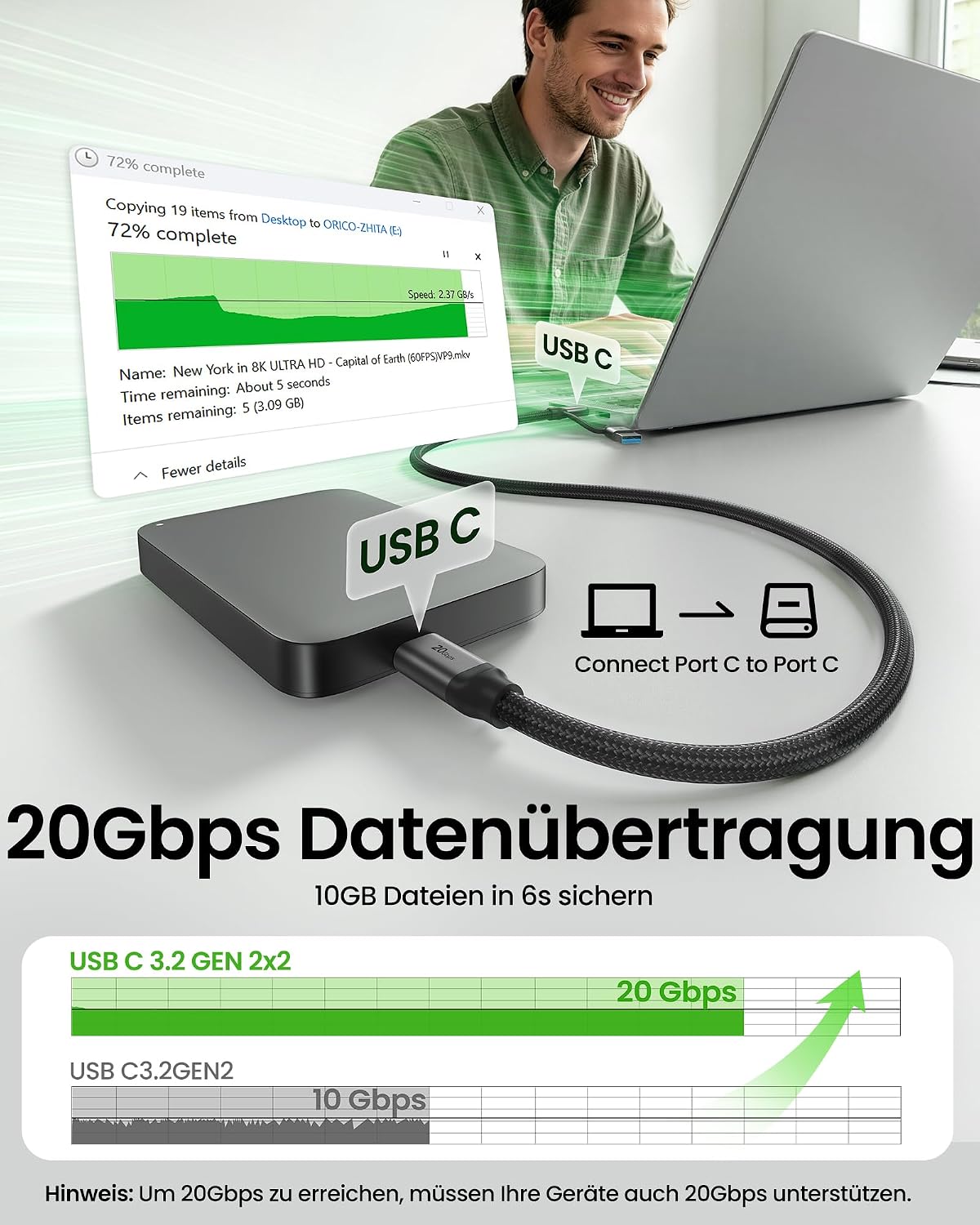 Detalle de Silkland USB-C Datenkabel Kurz 30 cm – 2-in-1 USB-C/USB-A Kabel, 20 Gbps, 240 W, DP Alt Mode, 5K/4K@60Hz