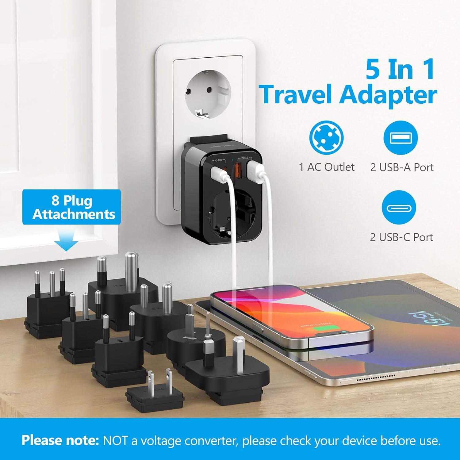 Thumbnail 2 de JSVER Adattatore di viaggio internazionale con 2 USB-A (QC 18W) e 2 USB-C (PD 20W) per oltre 180 paesi (Nero)