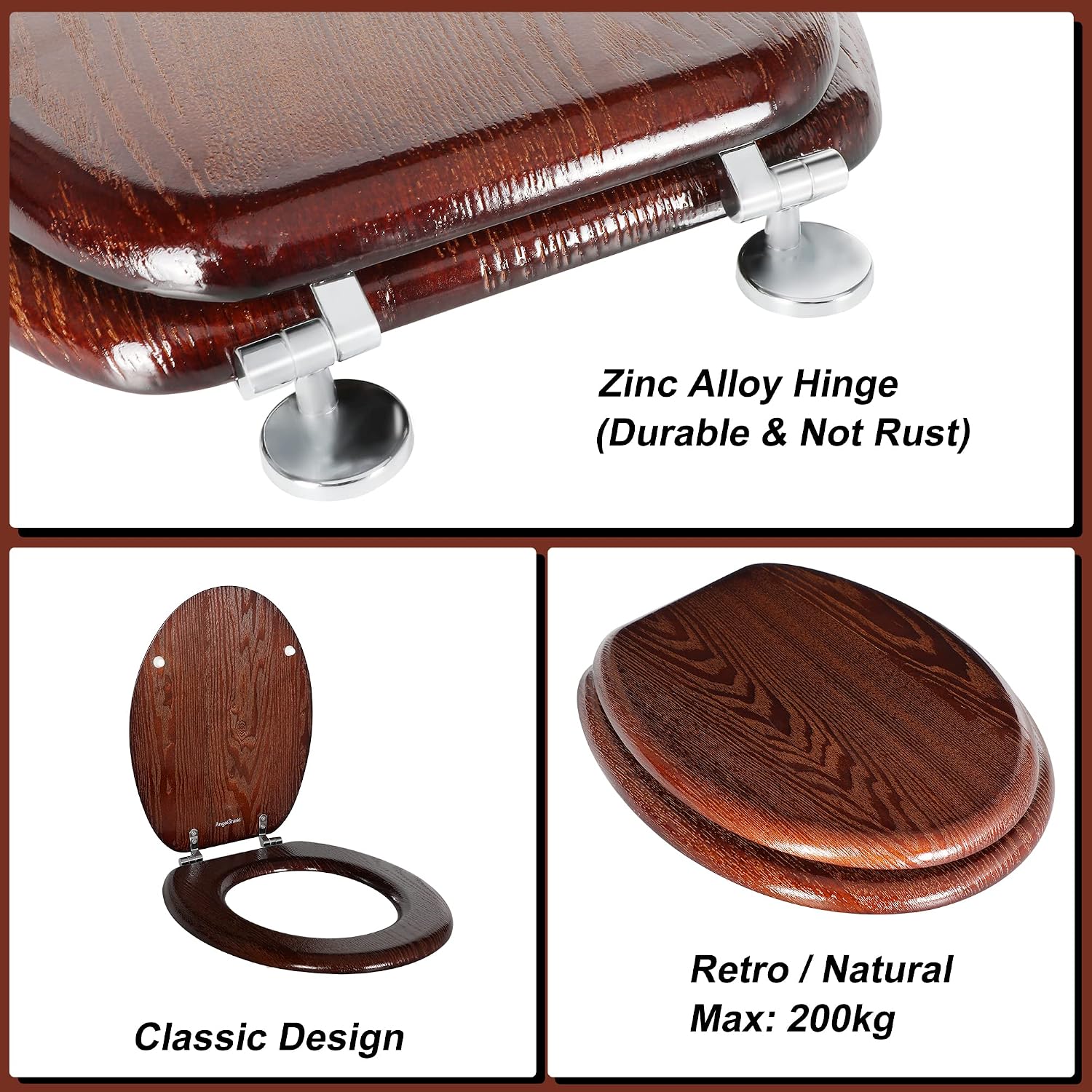 Thumbnail 2 de Angel Shield Natural Wooden Toilet Seat with Zinc Alloy Hinges (Dark Walnut) – Easy-clean, anti-pinch design