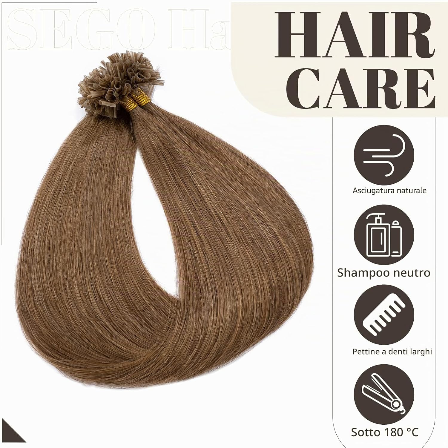 Thumbnail 4 de SEGO Extension Cheratina Capelli Veri 100 Ciocche 50g – 40 cm #6 Castano, Remy Indiani Naturali senza Clip
