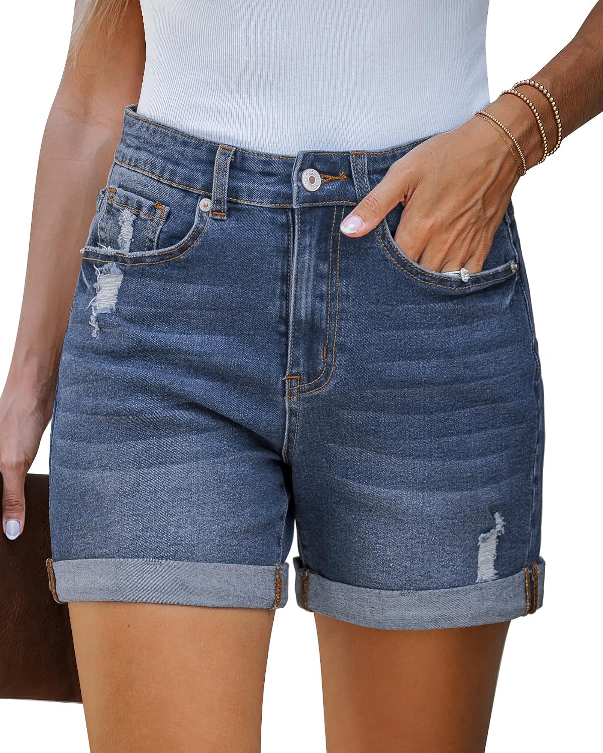 Detalle de LookbookStore Women's Stretchy High Waisted Ripped Denim Shorts