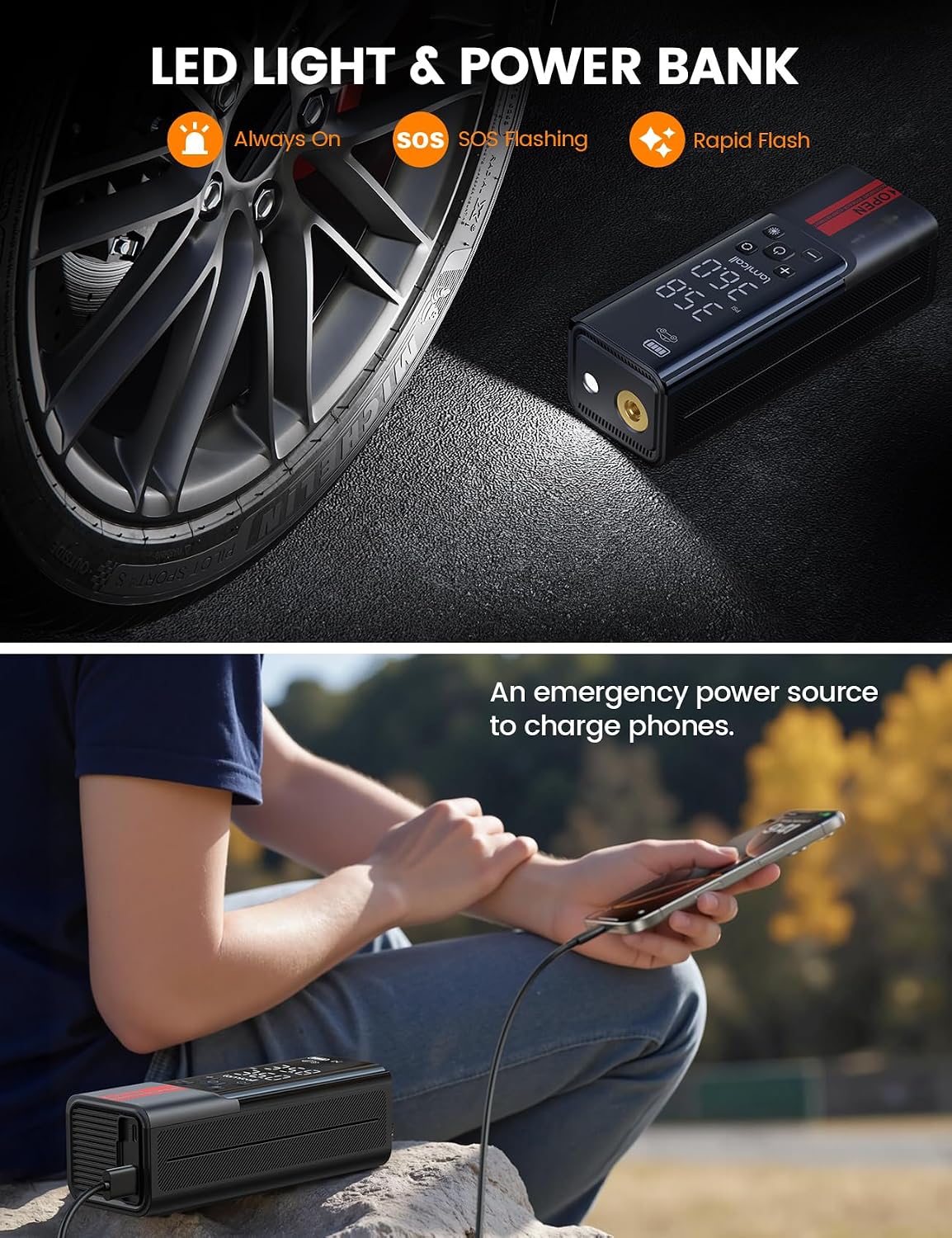 Detalle 2 de Lamicall Portable Car Tire Inflator (150 PSI) Cordless Air Compressor with Pressure Gauge & LED