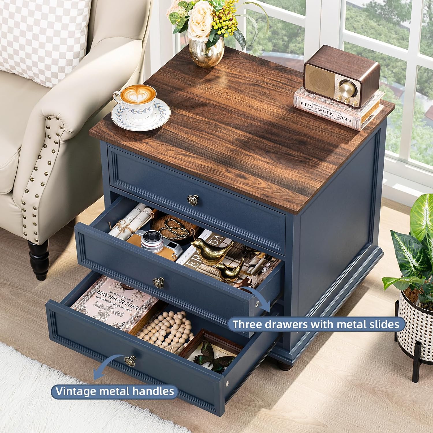 Detalle 2 de Joaxswe Model 1 Farmhouse Nightstand Set of 2, Navy Blue, 3 Drawers