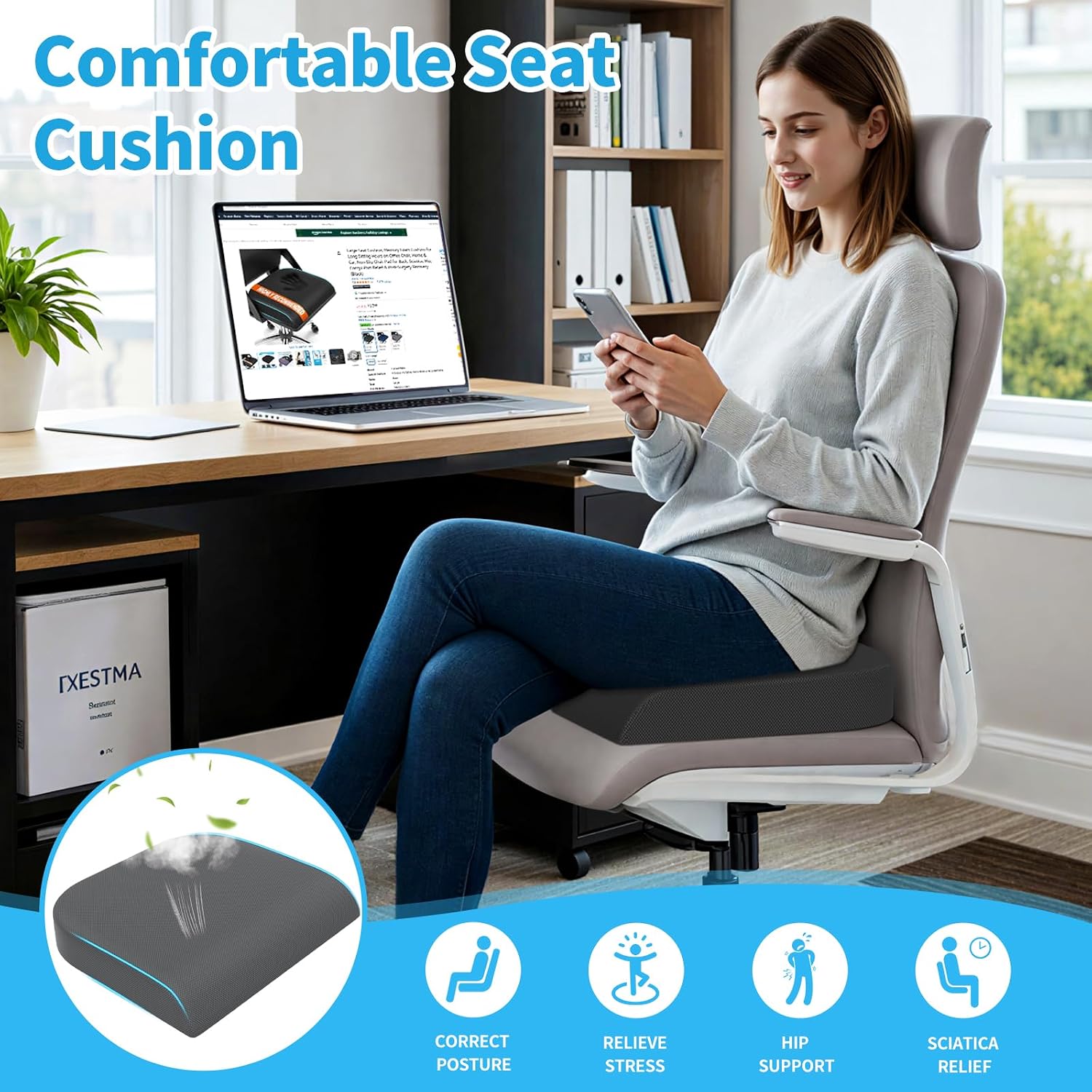 Thumbnail 6 de TranquilRelax MPN-TR0001-L-GE XL Memory Foam Seat Cushion, 3.35-Inch
