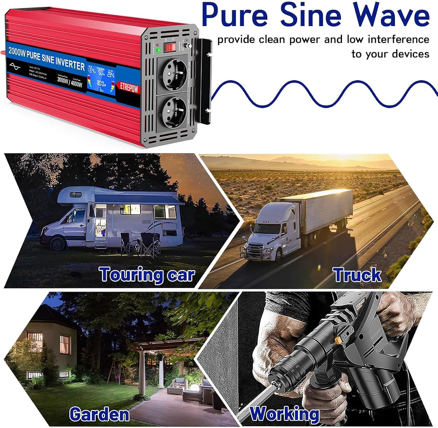 Thumbnail 5 de ETREPOW Transformateur 2000W Pure Sinus 12V→220V avec 2 prises EU, USB, LCD et télécommande sans fil