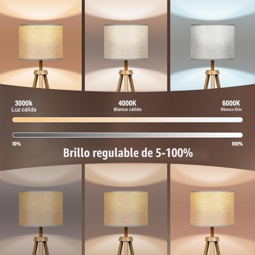 Detalle de NIKYJM Lámpara de Pie Trípode de Madera con Bombilla E27 12W: 3 Colores y Control Remoto