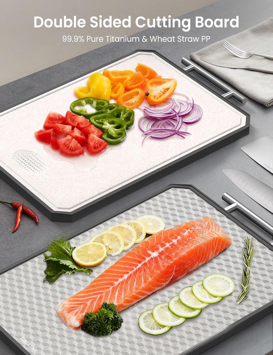 Thumbnail 1 de Callsky Titanium Chopping Board, 41.5x28x2cm – Double Sided, Anti-Scratch Titanium & Quiet Wheat Straw with Juice Groove